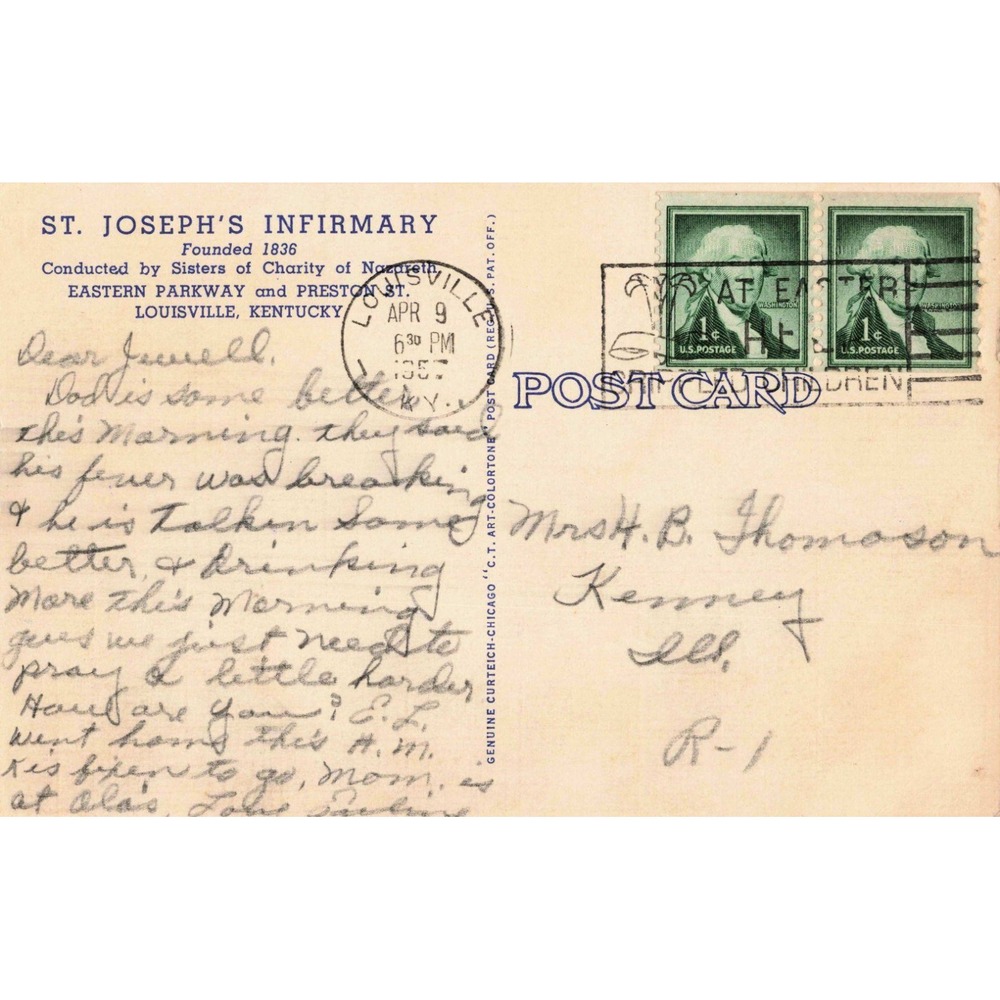 Vintage St Josephs Infirmary Louisville Kentucky Linen Postcard 1957 Postmark - Picture 2 of 2
